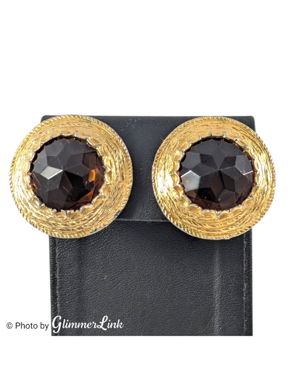 Vintage 1960s Brown Glass Clip On Earrings Gold Tone Maximalist 1 3/8"